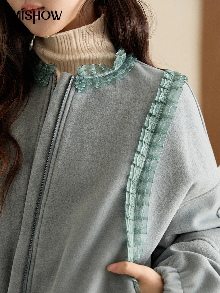 MISHOW Women's Light Blue Down Coats Winter Lace Decor Zipper Puff Sleeve Coats O Neck Loose Casual Warm Outerwear MXE94W1048