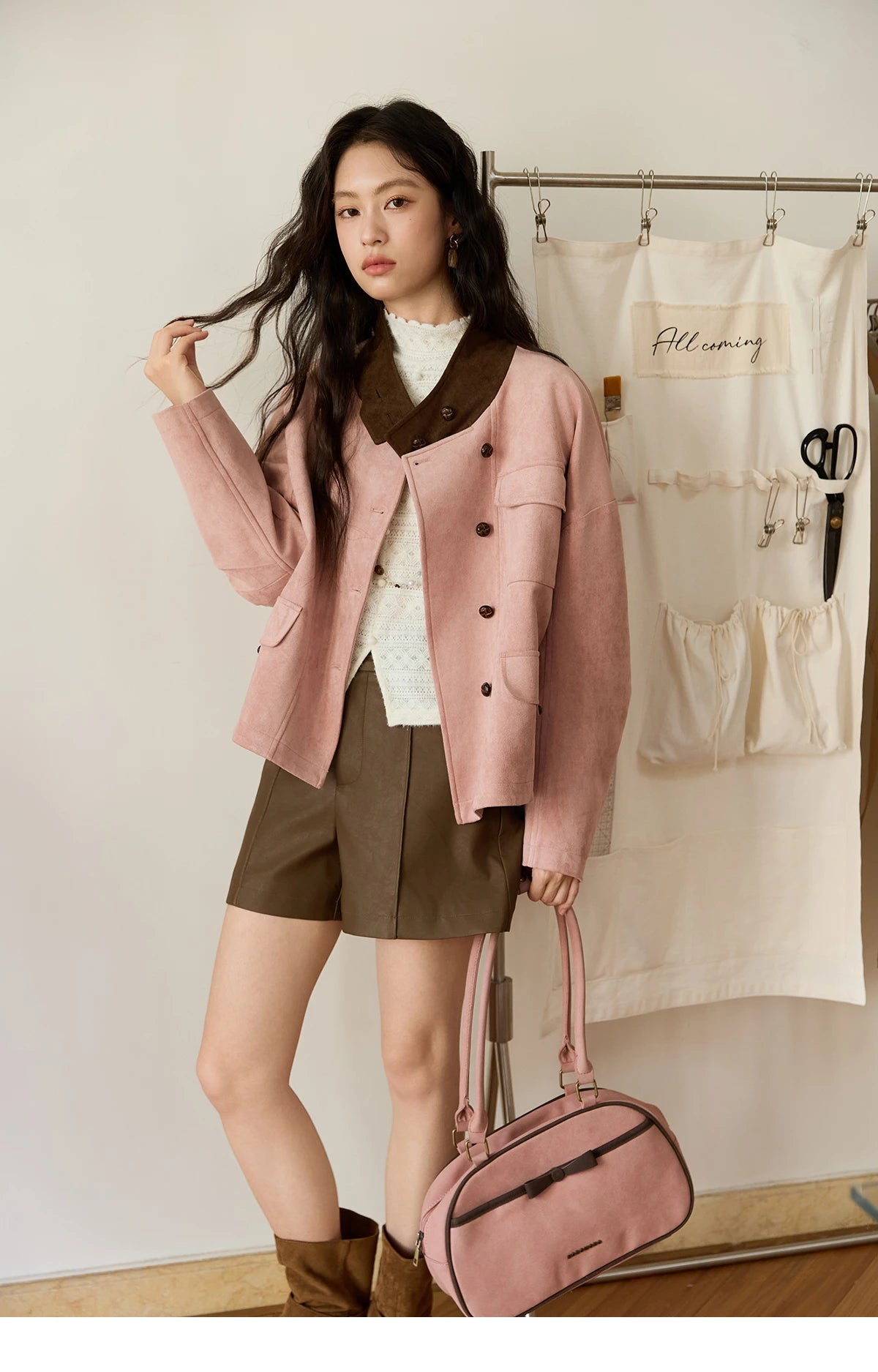 MISHOW Woman Jacket 2025 Autumn French Style Pink Coffee Suede Jacket Contrast Color Stand Collar Loose Short Coat MXE48W0851