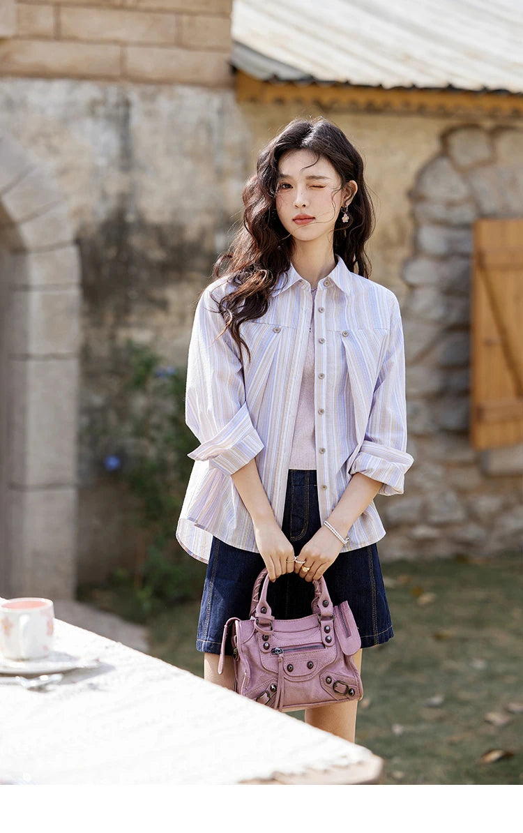 MISHOW Purple Striped Loose Shoulder Shirt for Women 2025 Casual Turn-down Collar Top Single Breasted Commuting Shirt MXE13C0407