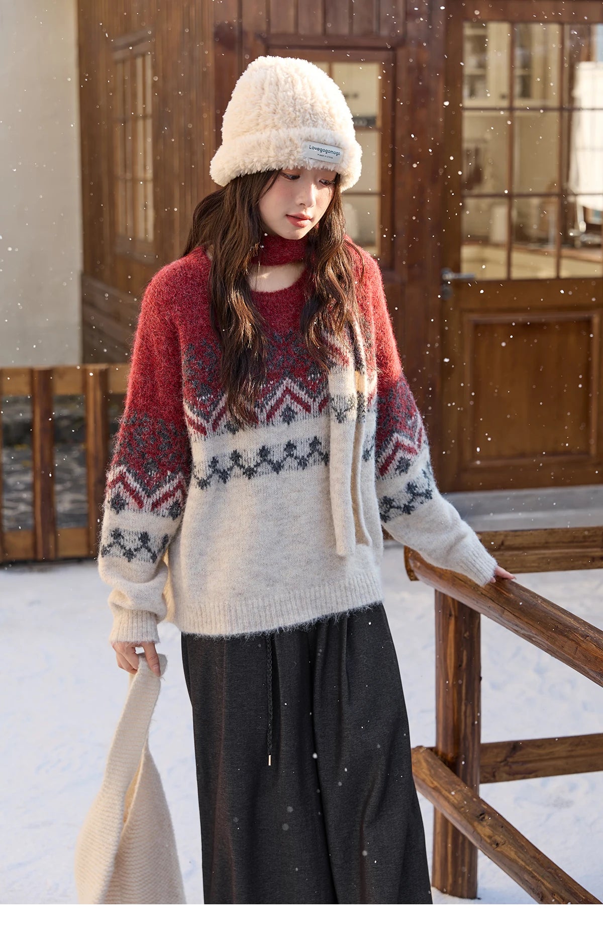 MISHOW Christmas Jacquard Retro Sweater Winter Geometric Red Scarf Fair Isle Sweater Wool Blend Thickened Knitted Top MXE51Z2628