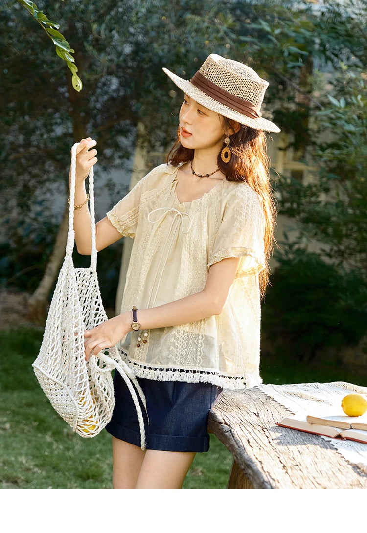 MISHOW Women's Embroidery Jacquard Blouse 2025 Summer New Fashion O-Neck Lace Up Short Sleeve Blouse Female Clothing MXE37X1861