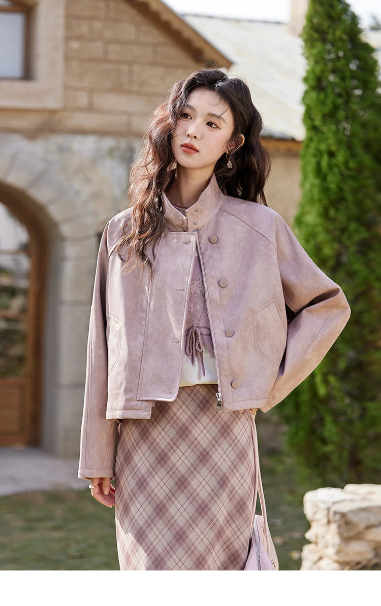 MISHOW Sweet Cool Blended Pink Purple Leather Coat Spring 2025 Stand Collar Motorcycle Style Jackets PU Leather Coats MXE13W0707