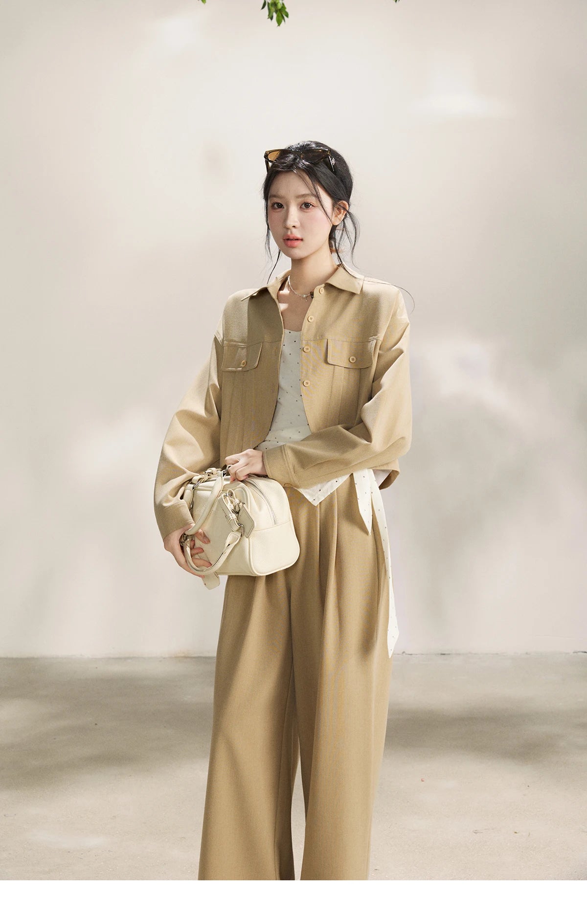 MISHOW Women's Khaki Three-Piece Set Spring Cropped Lapel Short Jacket Irregular Polka Dot Vest Wide Leg Pants Set MXF13T1478