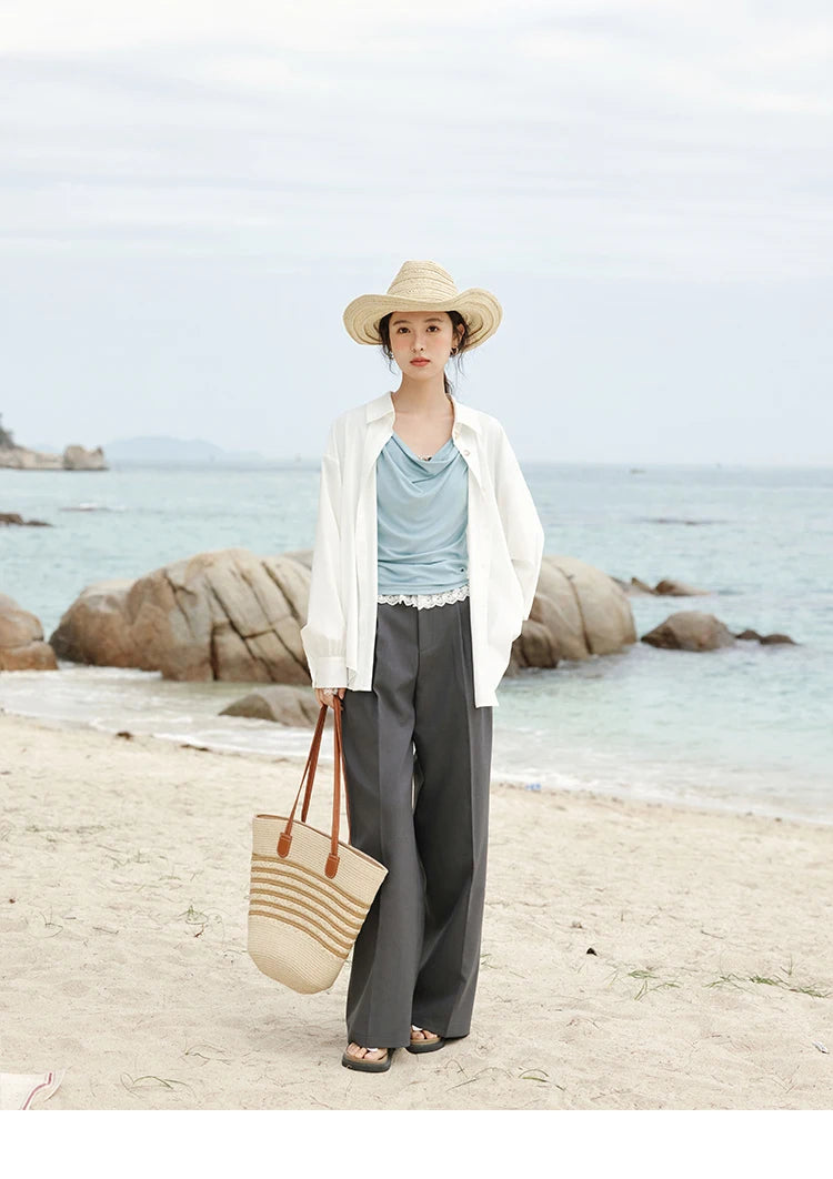 MISHOW Gray Suitable Pant Women 2025 Summer High Waist Retro Long Wide Leg Pants Woman Fashion Office Lady Trousers MXE32K0921