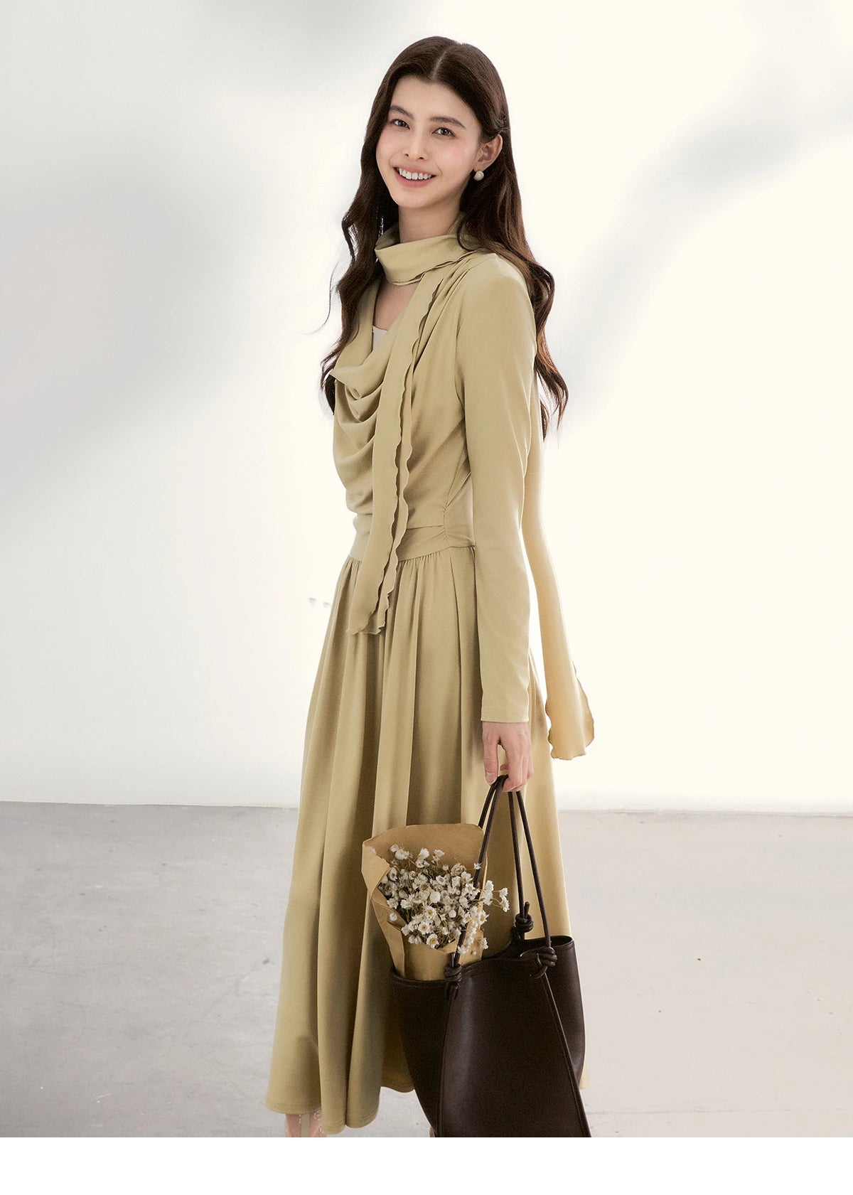 Mishow Khaki Swinging Collar Scarf Waist Dress MXF11L2552