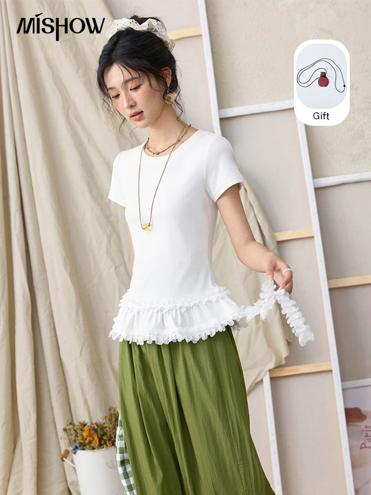 MISHOW White Ruffled T-shirt for Women Summer 2025 Round Neck Loose Slim Cotton Casual Tees with Red Lanyard Necklace MXE34T0557