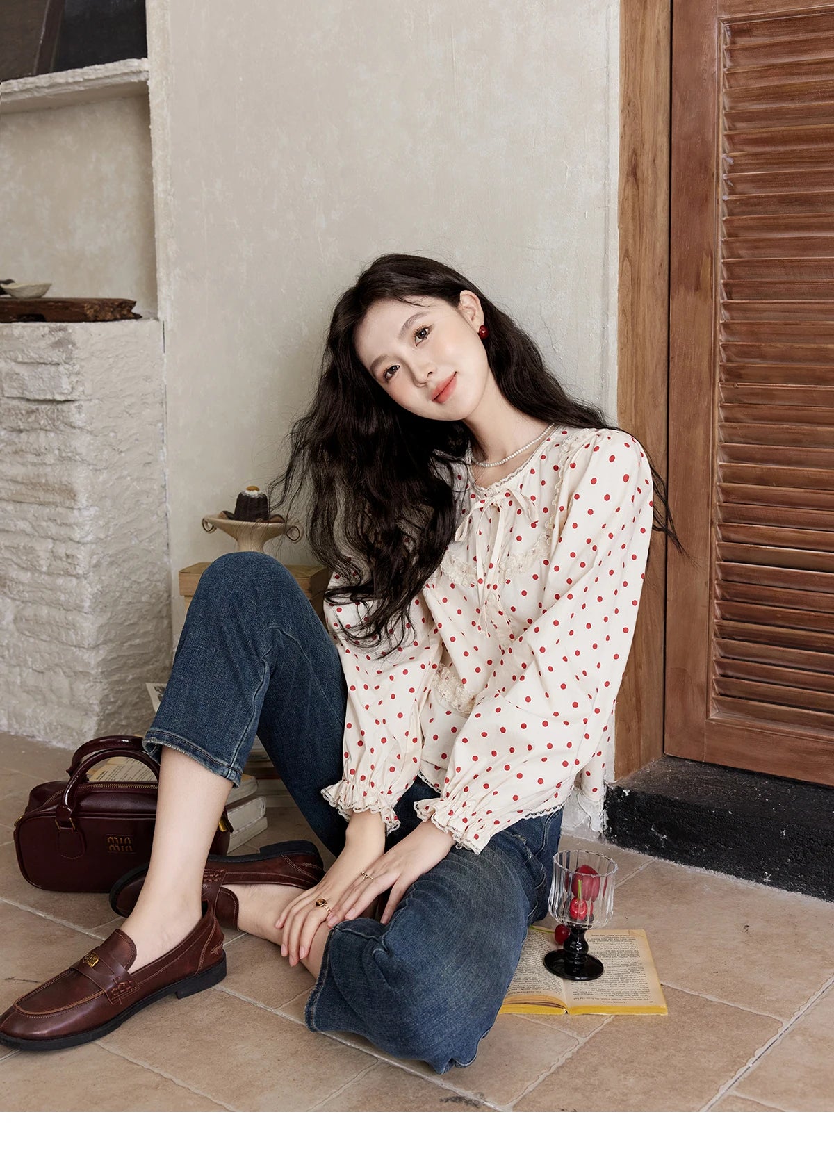MISHOW Lace Up Polka Dot Round Neck Lace Shirt for Women Autumn 2024 Thin Sweets Shirt Elastic Petal Cuffs Chic Top MXD44X1667