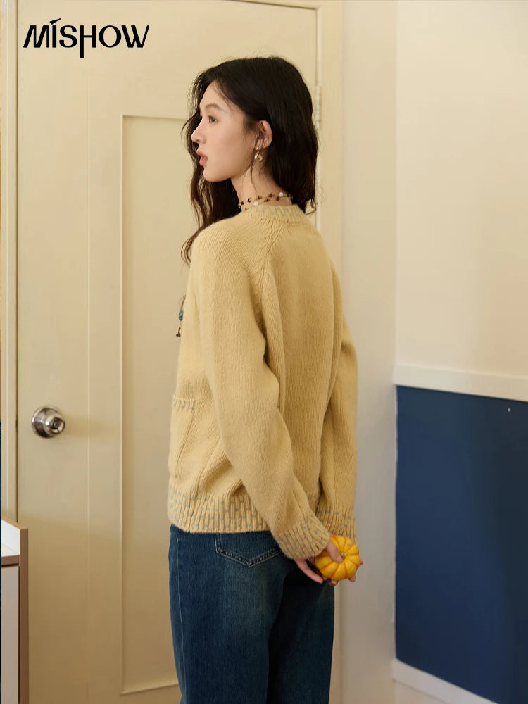 MISHOW Women's Cardigan 2025 Autumn Winter Yellow Cable Knit Cardigan Hand-Drawstring Design Commuter Short Jacket MXE47Z2566