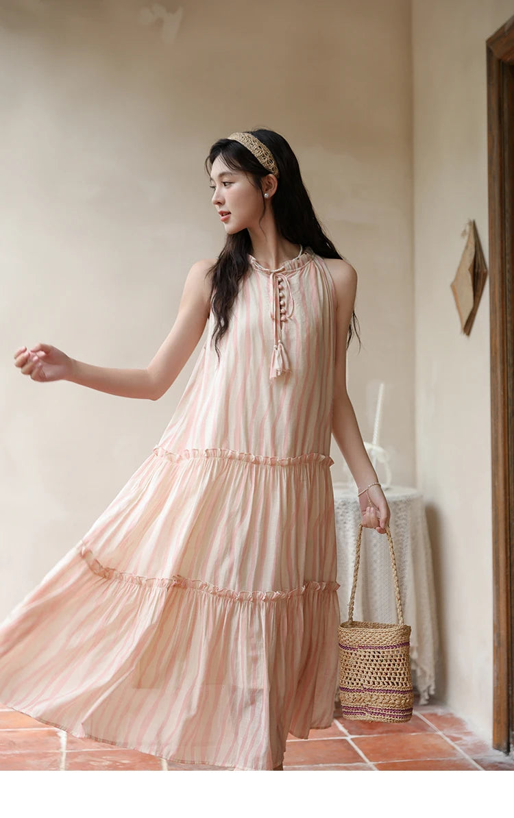 MISHOW Hanging Neck Striped Dress for Women 2024 Summer French Tea Break Camisole Dress Sweet Vacation Long Dresses MXD30L1951