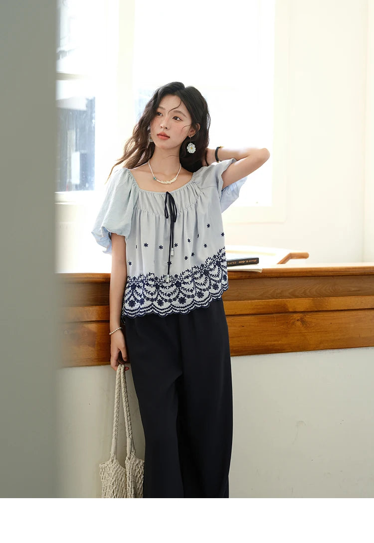 MISHOW Women's Summer Loose Print Blouse 2025 New Fashion Square Neck Lace Up Puff Sleeve Blue Blouse Female Clothing MXE36X1799