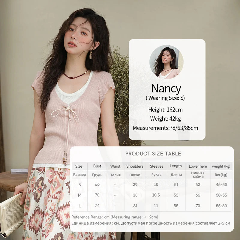 MISHOW Round Neck Patchwork Knitt Sweater for Women 2025 Summer Flying Sleeve Lace Up Versatile Top Female Clothing MXE37Z1278