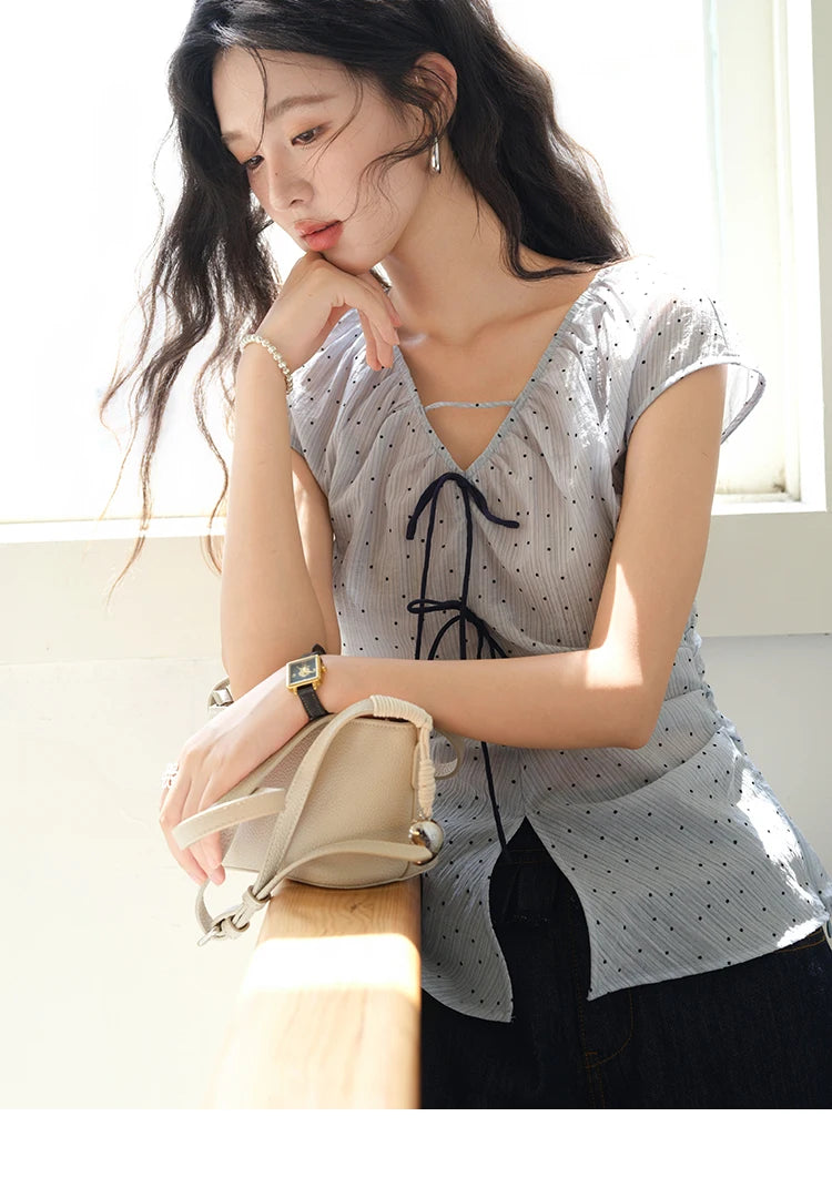 MISHOW Women's Elegant Blouses 2025 Summer Ladies V-Neck Bow Spliced Polka Dot Garment Sleeves Top Female Clothing MXE37X1909