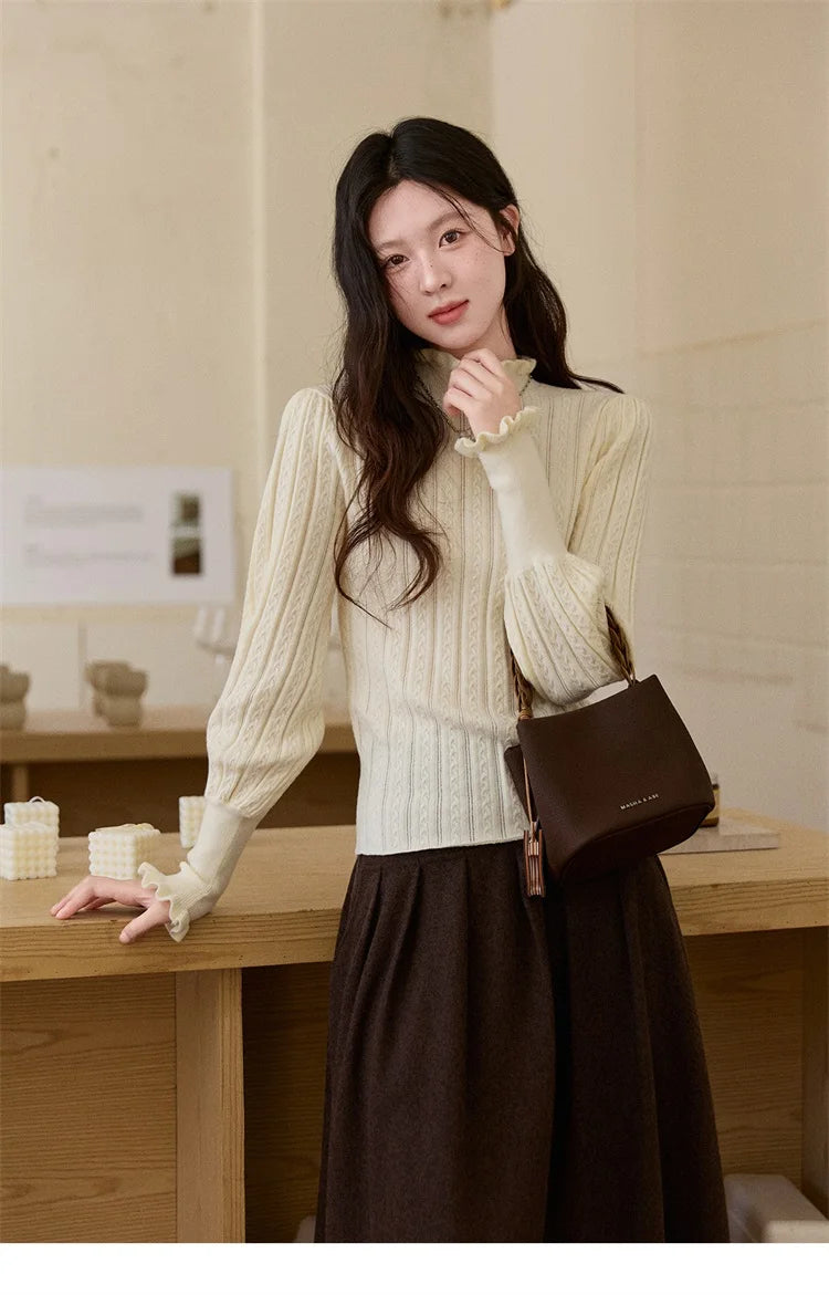 MISHOW Women's Half Turtleneck Ruffle Trim Lantern Sleeve Bottoming Tops 2025 Winter Vertical Rib Slim Knitted Top MXE93Z2810