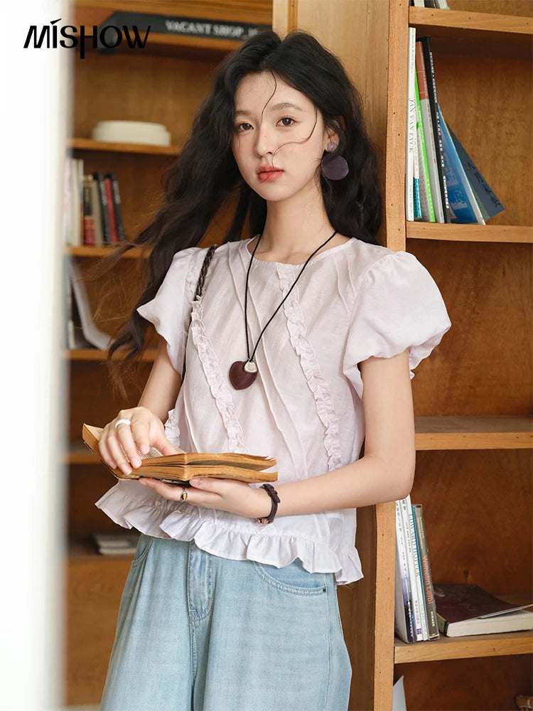 MISHOW Fashion Fungus Edge Puff Sleeve Blouses for Woman 2025 Summer O-Neck French Sweet Loose Top Ladies Clothing MXE39X1941