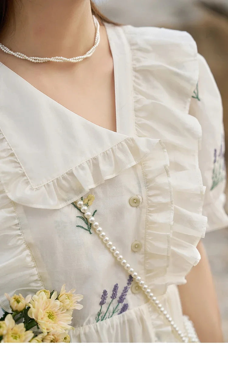 MISHOW Elegant Fairycore Embroidery Flower Dresses 2025 Summer A-line Flare Sleeve Ruffles Sweet Knee-Length Dresses MXC38L1518