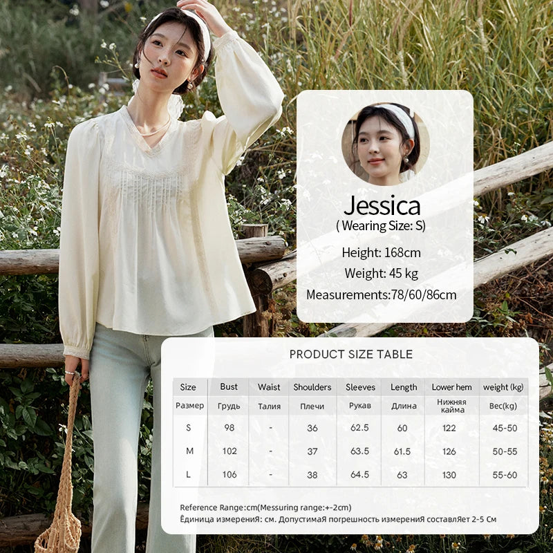 MISHOW Women's Lyocell Blouse 2025 Spring Summer Lace V-neck Commuting Top Puff Sleeve Solid Loose Blouse Office Lady MXE15X1735