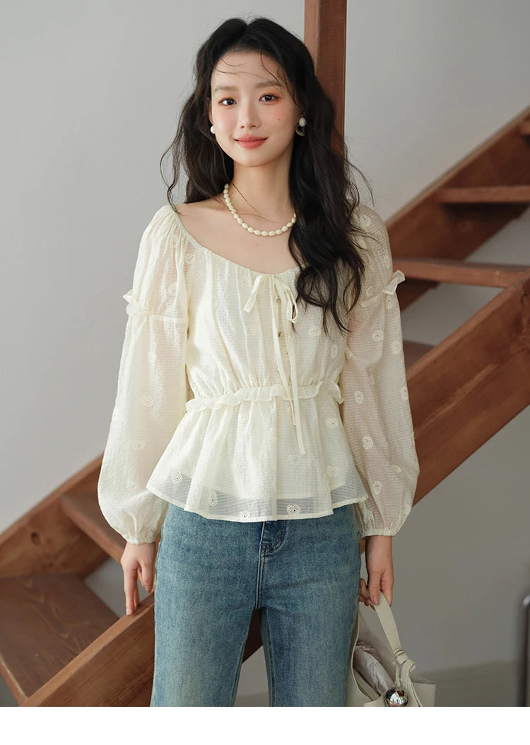 MISHOW Women's Fashion Cashew Flower Embroidered Blouse 2025 Autumn V-neck Lace Up Puff Sleeve Ladies Elegant Top MXE41X1945