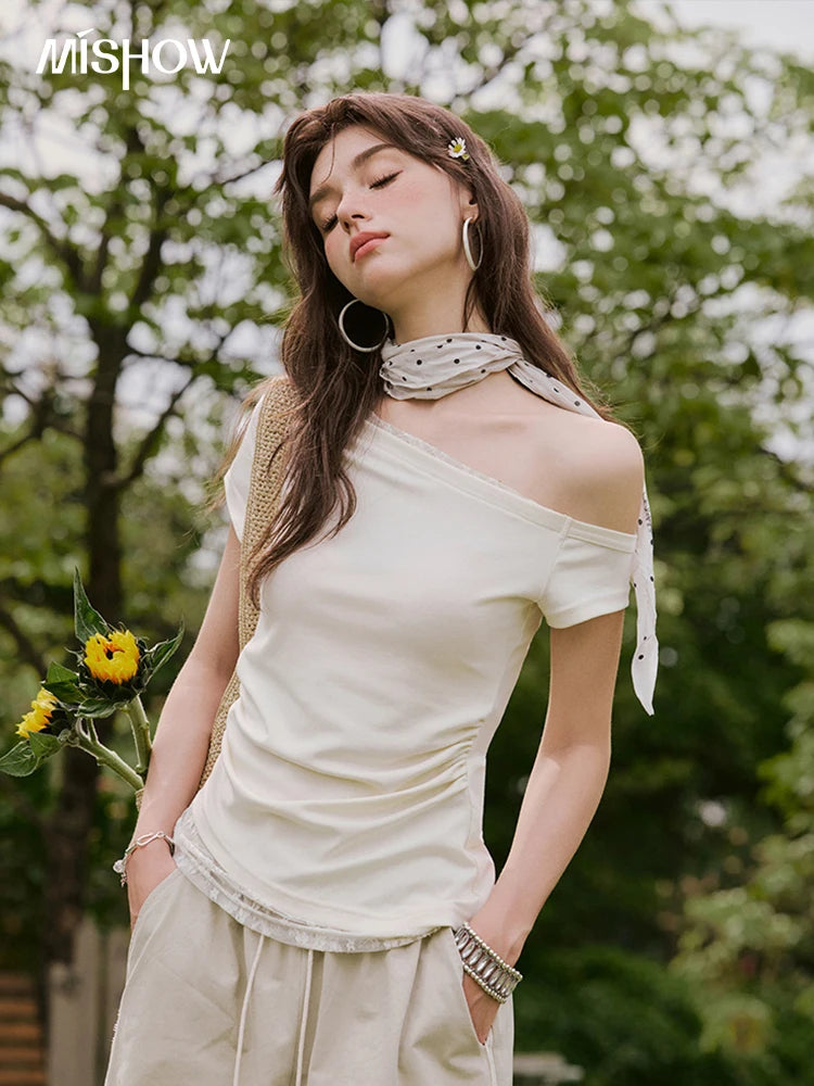 MISHOW Sexy Summer New T-shirts Women 2025 Short Sleeve Skew Collar Off-shoulder Lace Shirt Female Versatile Thin MXE31T0503