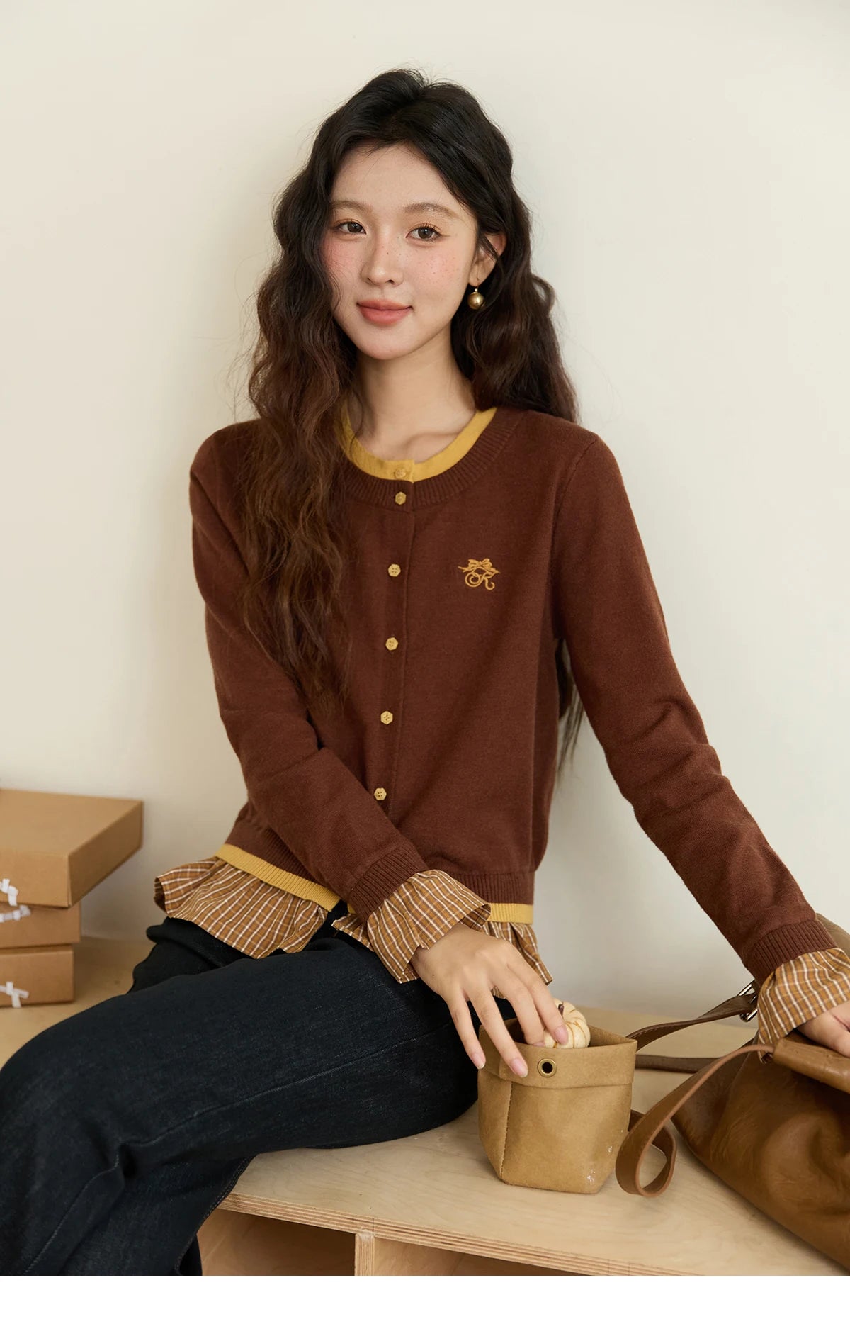 MISHOW Fake Two Knitted Sweaters Autumn Retro Color Contrasting Bow Embroidered Sweater Hemp Cuff Splicing Plaid Top MXE46Z2495