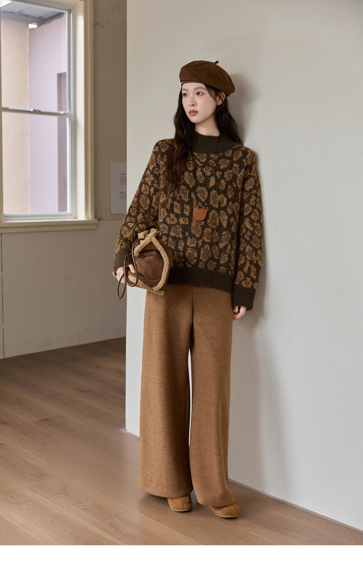 MISHOW Women's Color Block Geometric Leopard Jacquard Sweater Winter French Half Turtleneck Dropped Sleeve Knitwear MXE91Z2839