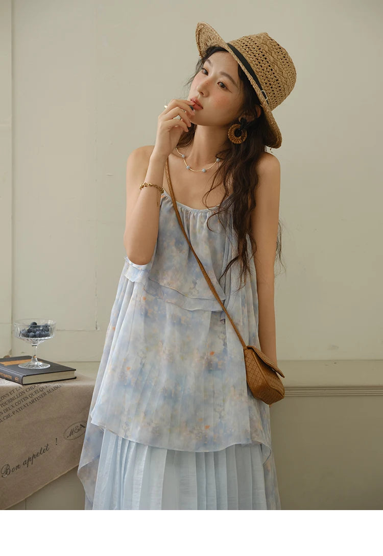 MISHOW Fashion Print Strap Dress for Women 2025 Summer New Multi Layer Ruffle Edge Splicing Sleeveless Midi Dresses MXE35L2233