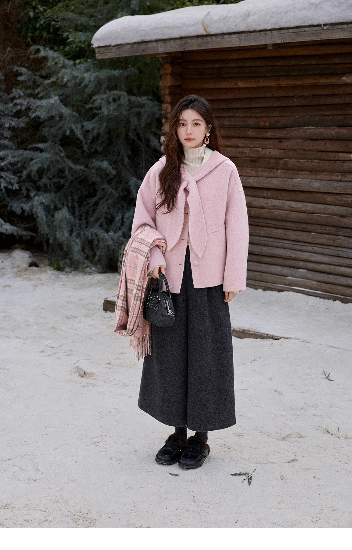 MISHOW Pink Wool Double-sided Woolen Coat Winter Hooded Bow Tie Strap Coats Loose Dropped Sleeves Coat Office Lady MXE91W1010