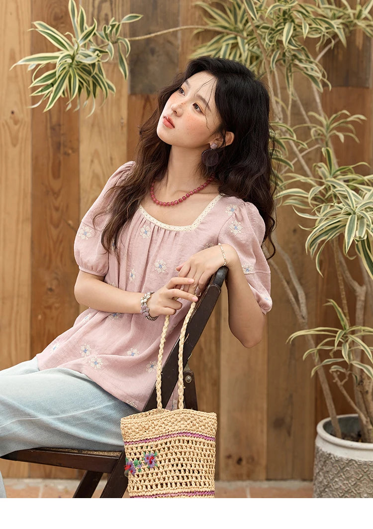 MISHOW Pink Embroidered Linen Floral Blouse for Summer 2025 A-line Square Collar Blouses Lace Patchwork Loose Tops MXE35X1834