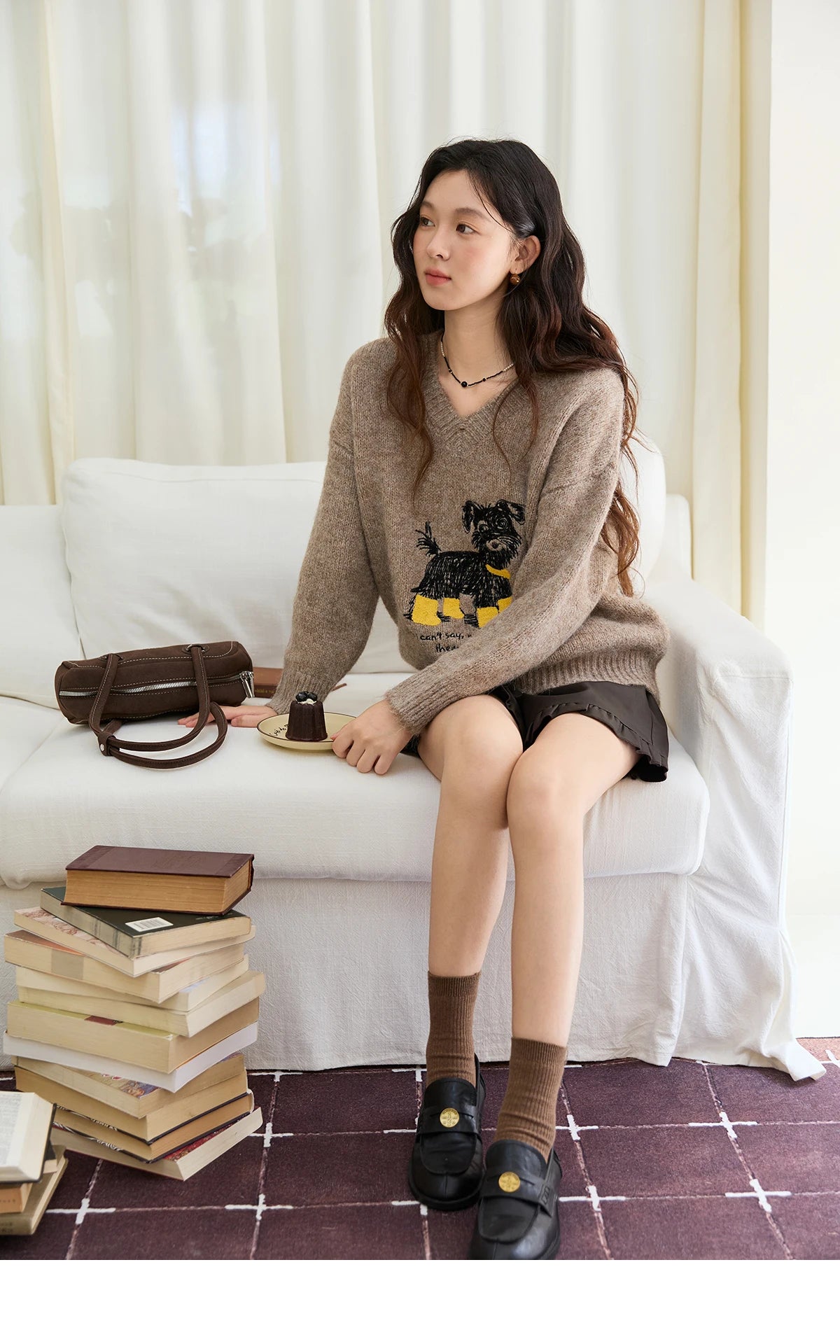 MISHOW Women's Long Sleeve Pullovers 2025 Autumn Winter New Puppy Embroidery Loose Casual V Neck Knit Sweater Luxury  MXE48Z2570