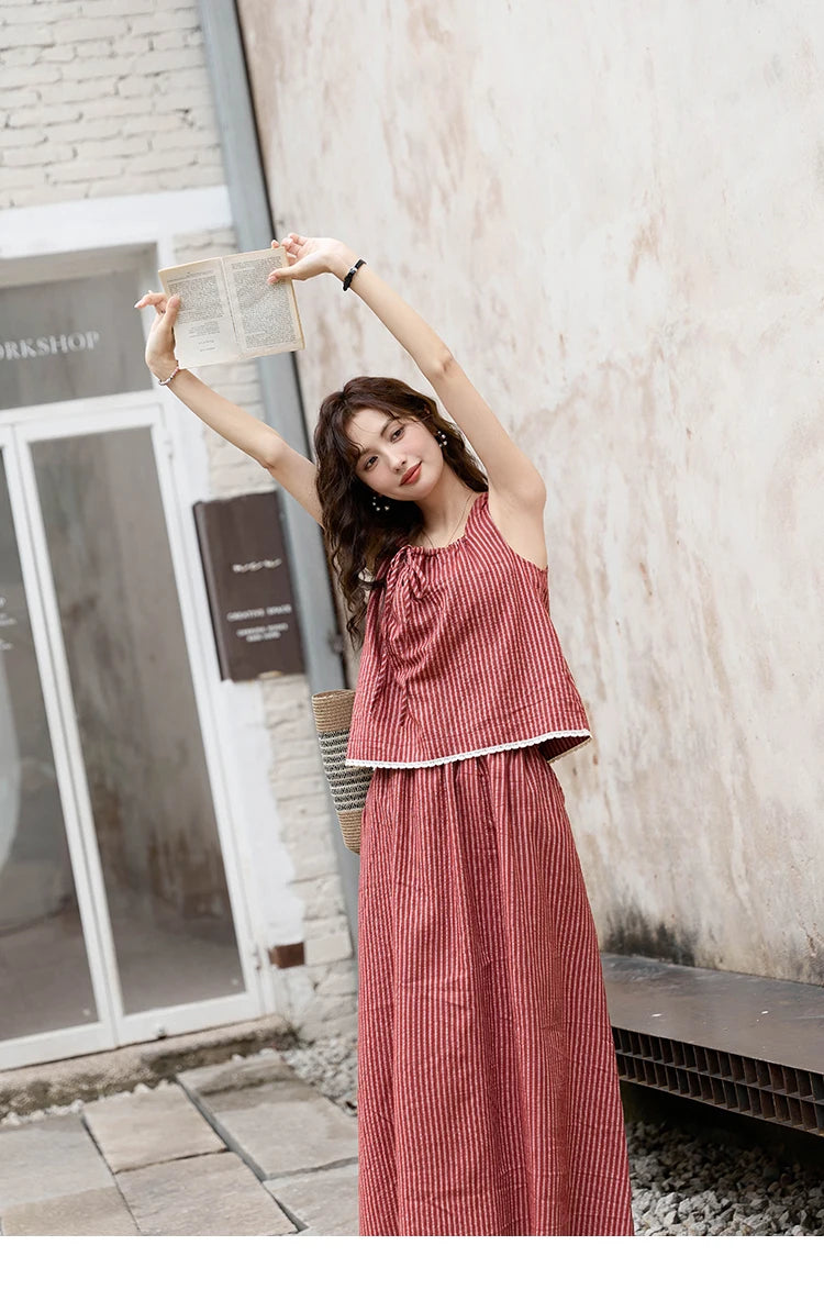 MISHOW French Red Stripe Tank Blouse Elastic Waist Skirt Separately Women 2024 Summer Slim Vacation Strap Waist Skirt MXD30X1631