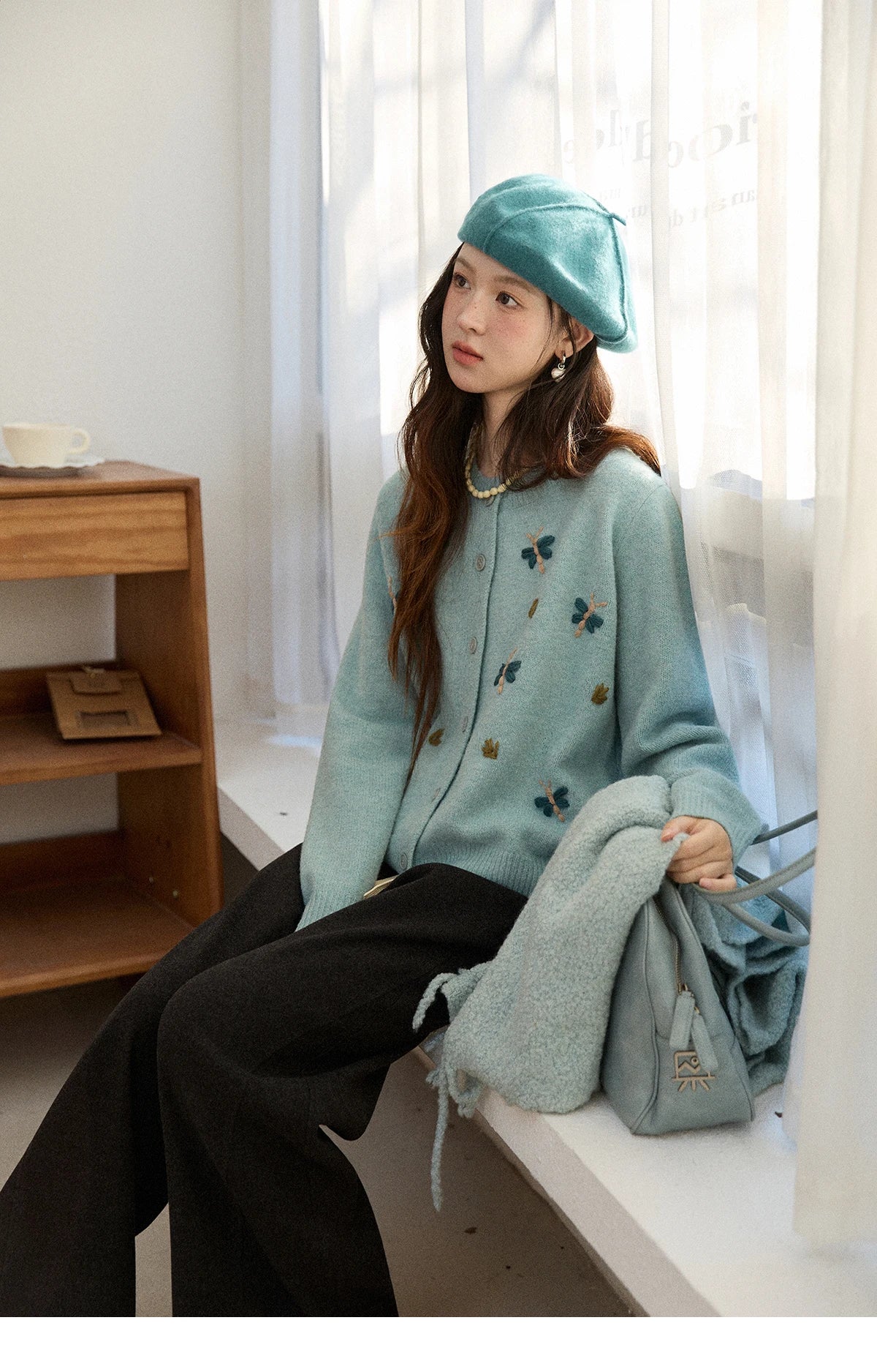 Mishow Blue Butterfly Embroidered O-Neck Cardigan MXE90Z2818