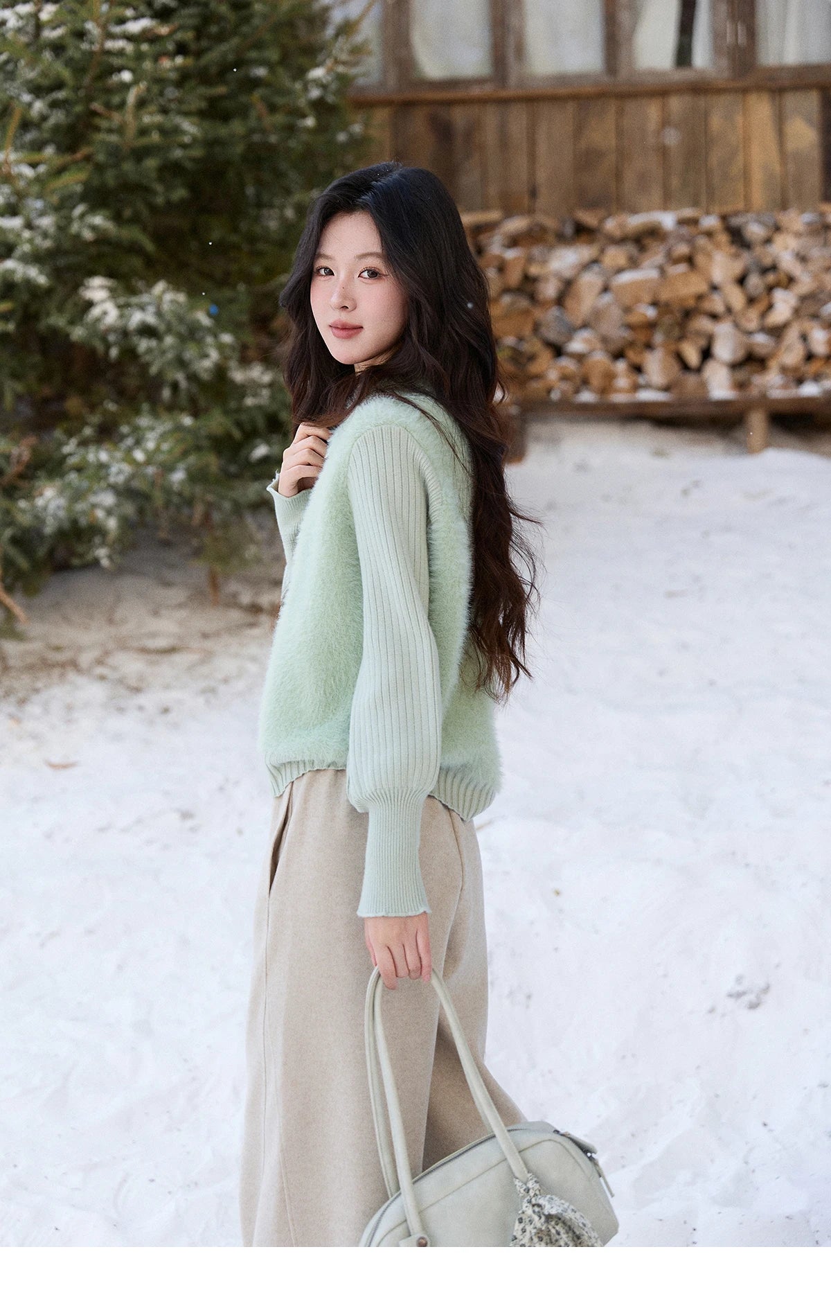 MISHOW Women's Green Faux Mink Fur Patchwork Knitted Cardigan Winter Lapel Warm Soft Knit Top single-breasted sweater MXE86Z2764