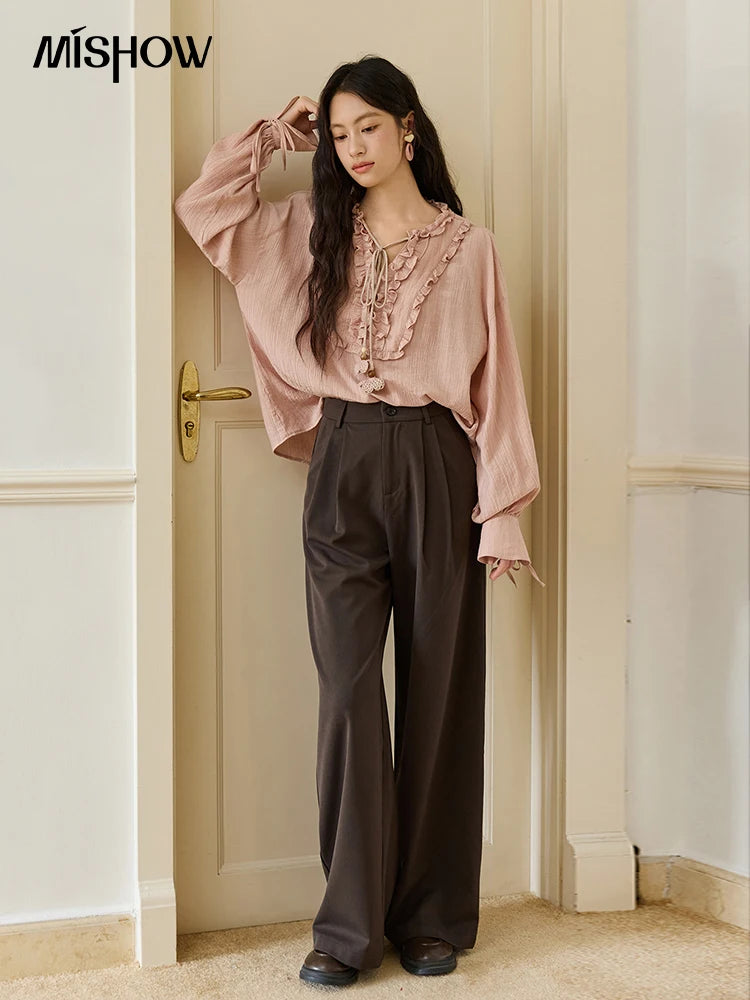 MISHOW Women's Pink Blouse 2025 Autumn Elegant Fold Edge V-collar Bubble Sleeve Top Loose Casual Commute  Blouses MXE45X2485