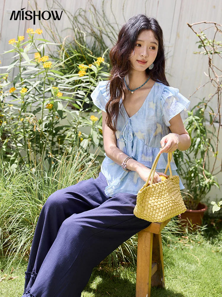 MISHOW Blue Double-layer Ruffled Linen V-neck Blouse for Women Summer 2025 Slim Flying Sleeve Breathable Lace-up Tops MXE33X1819