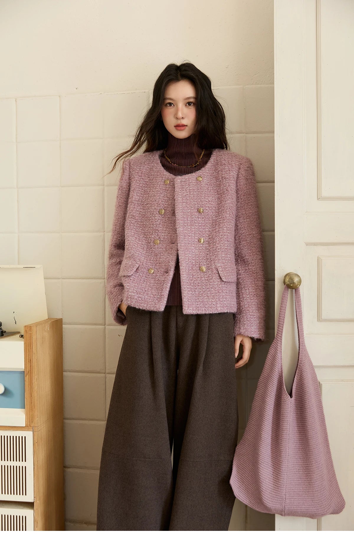 MISHOW Wool Coat Woman 2025 Purple Luxury O-neck Double-breasted Tweed Coat Commute Short Jacket Winter Clothes MXE88W0881