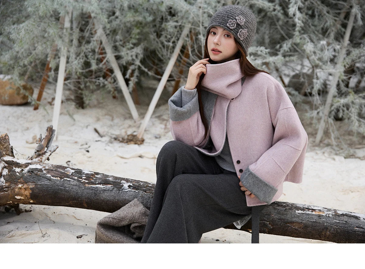 MISHOW Women's Tweed Wool Double-Faced Short Coat with Scarf 2025 Winter Loose Warm Outerwear O-neck Coat Office Lady MXE86W0977