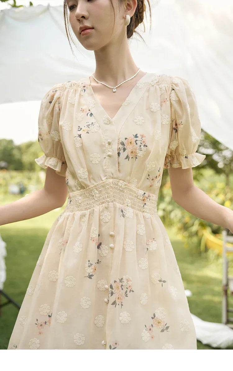 MISHOW Women's Chiffon Dress 2025 Summer French Elegant Floral Embroidered A-LINE V-Neck Sweet Knee-Length Dresses MXC38L1424