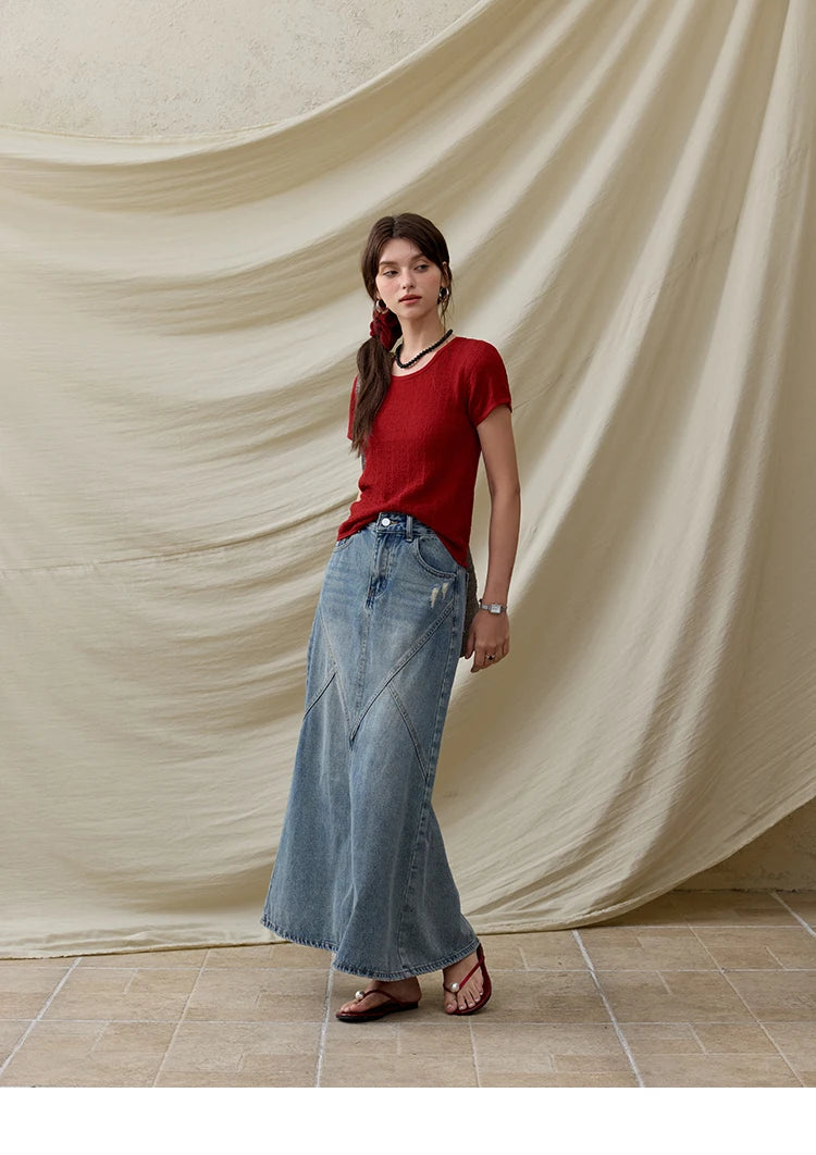 MISHOW Office Lady Women’s T-shirts Summer 2025 Short Sleeve Round Neck Solid Slimming Knitted Shirt Female Fashion MXE34Z1257