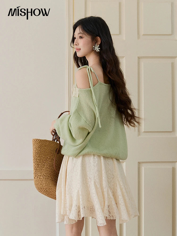 MISHOW Women's Light Green Knit Sweater 2026 Spring Asymmetrical Side Exposed Shoulder Tops Ruffled Casual Loose Top MXF108Z1027