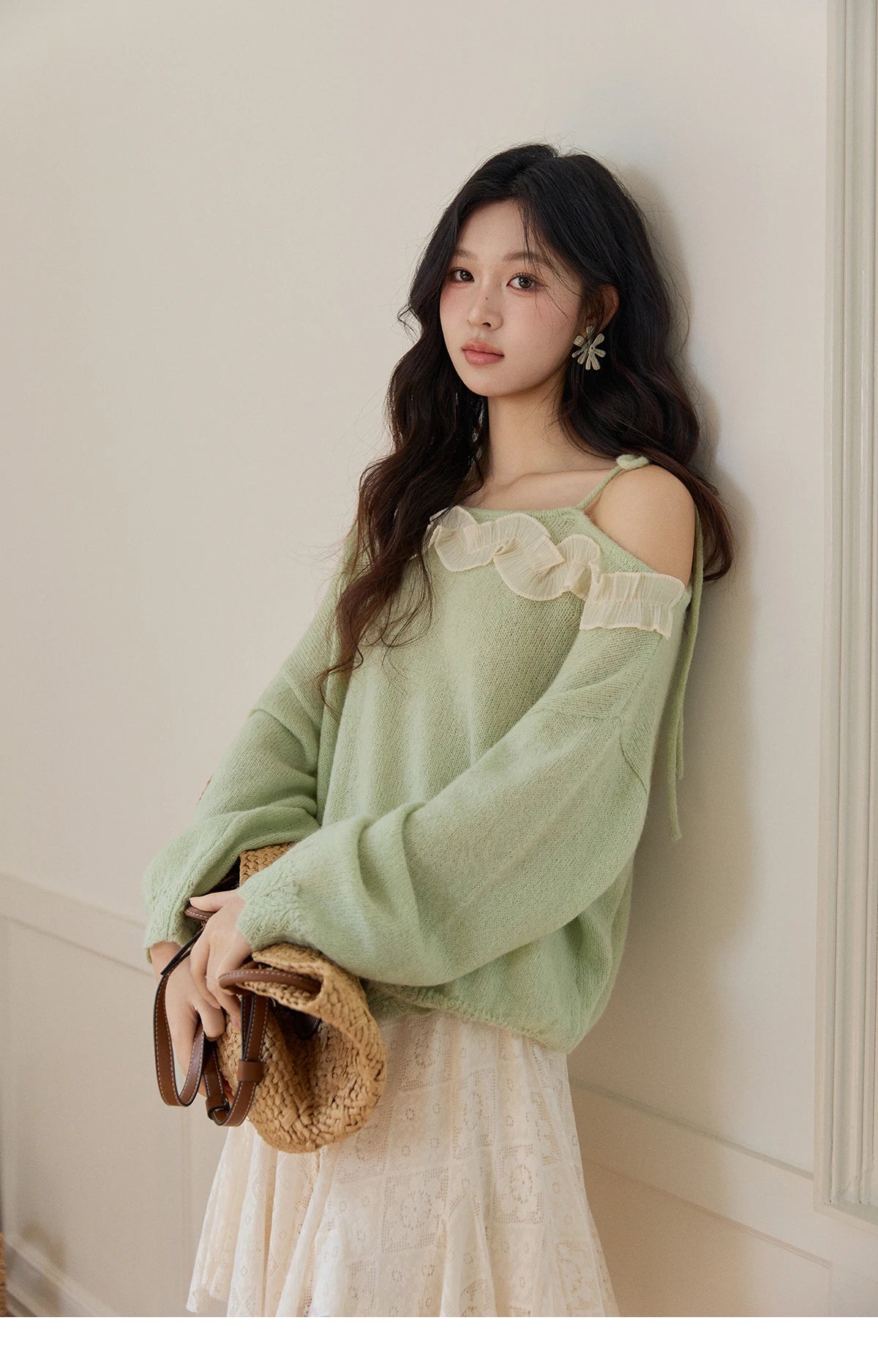 MISHOW Women's Light Green Knit Sweater 2026 Spring Asymmetrical Side Exposed Shoulder Tops Ruffled Casual Loose Top MXF108Z1027