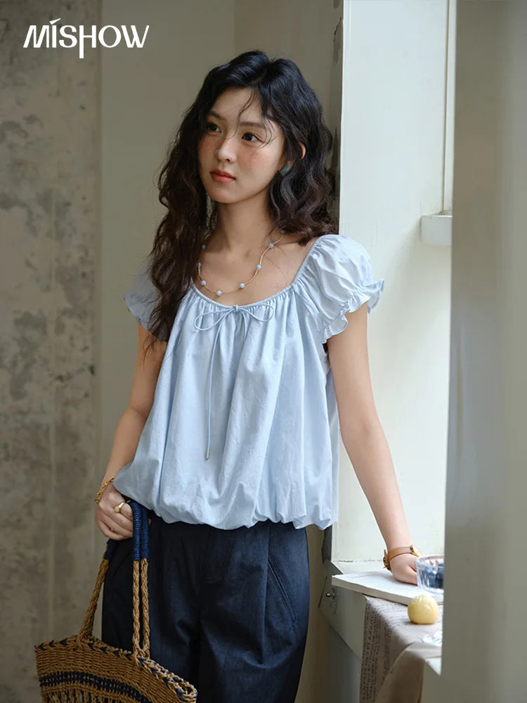 MISHOW 100% Cotton Blouse for Women 2025 Summer New Fashion Puff Sleeve Casual Commute Lace Up Top Ladies Clothing MXE37X1893