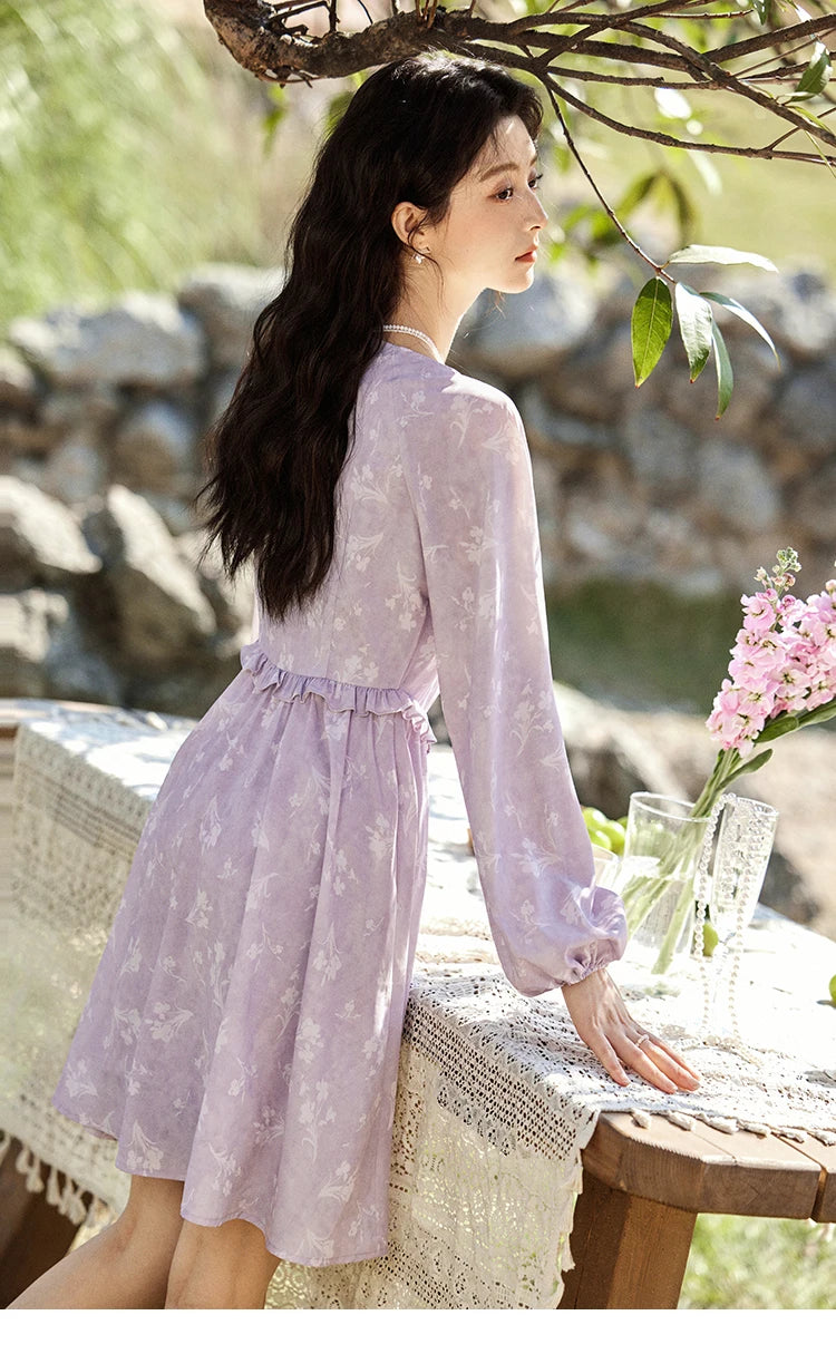 MISHOW Iris Chiffon Dress for Women Spring 2025 Waist Slim Black Fungus Edge Straps Dresses Purple Floral Fairy Dress MXE13L2095