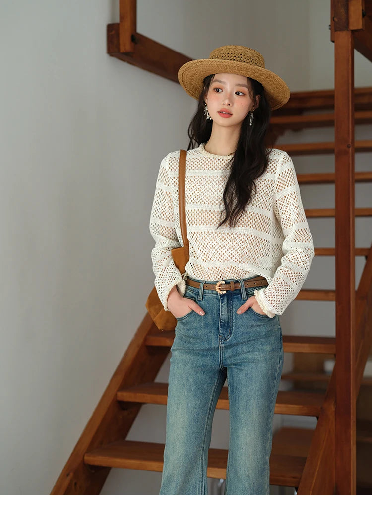 MISHOW Bohemian Lace Hollow Top for Women 2025 Autumn Hem Tassel Lace Breathable Top Beige White Casual Knitted Tops MXE41X2466