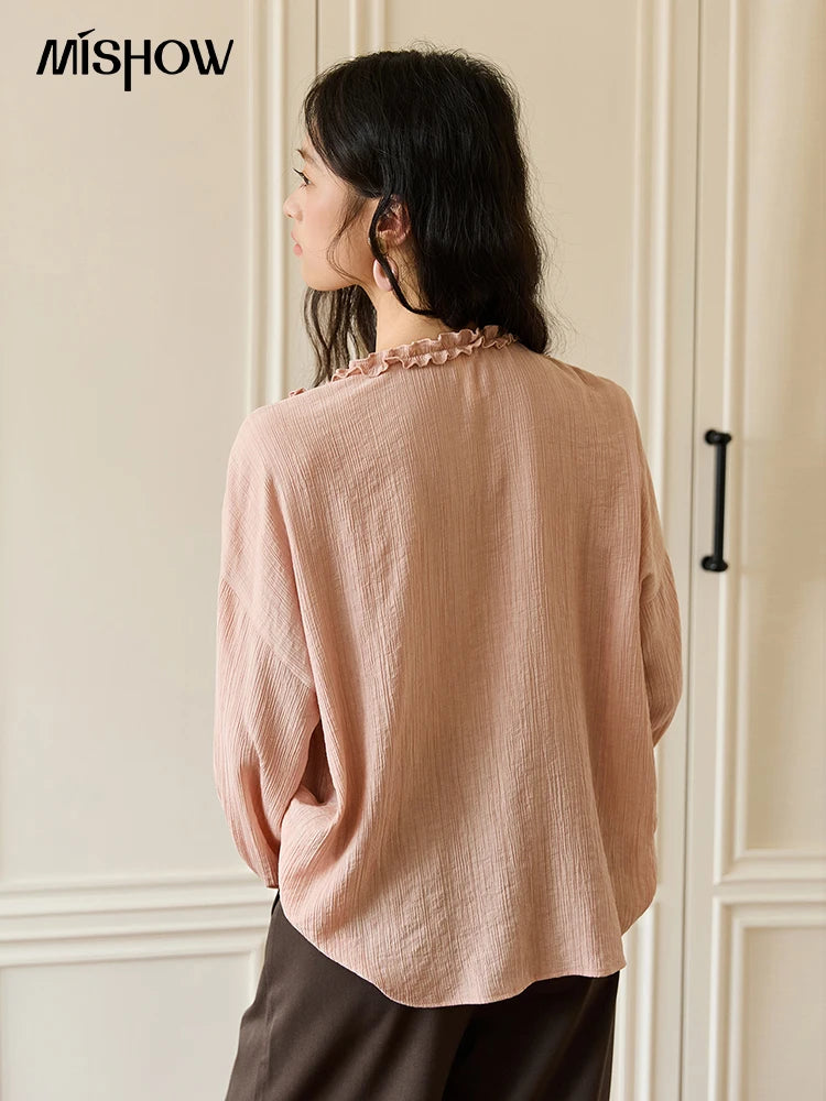 MISHOW Women's Pink Blouse 2025 Autumn Elegant Fold Edge V-collar Bubble Sleeve Top Loose Casual Commute  Blouses MXE45X2485