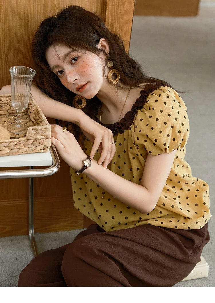 MISHOW 2025 Summer Women's Two Piece Set Polka Dot Puff Sleeve Top Casual Pocket Wide Leg Pants Set Female Clothing MXE39T0657