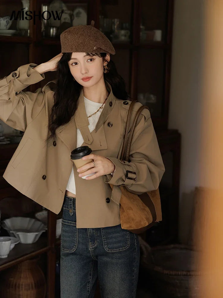 MISHOW Women's Short Fragrant Windbreaker Jacket 2024 Autumn Korean Stand Collar Double Row Placke Trench Streetwear MXD42W0386