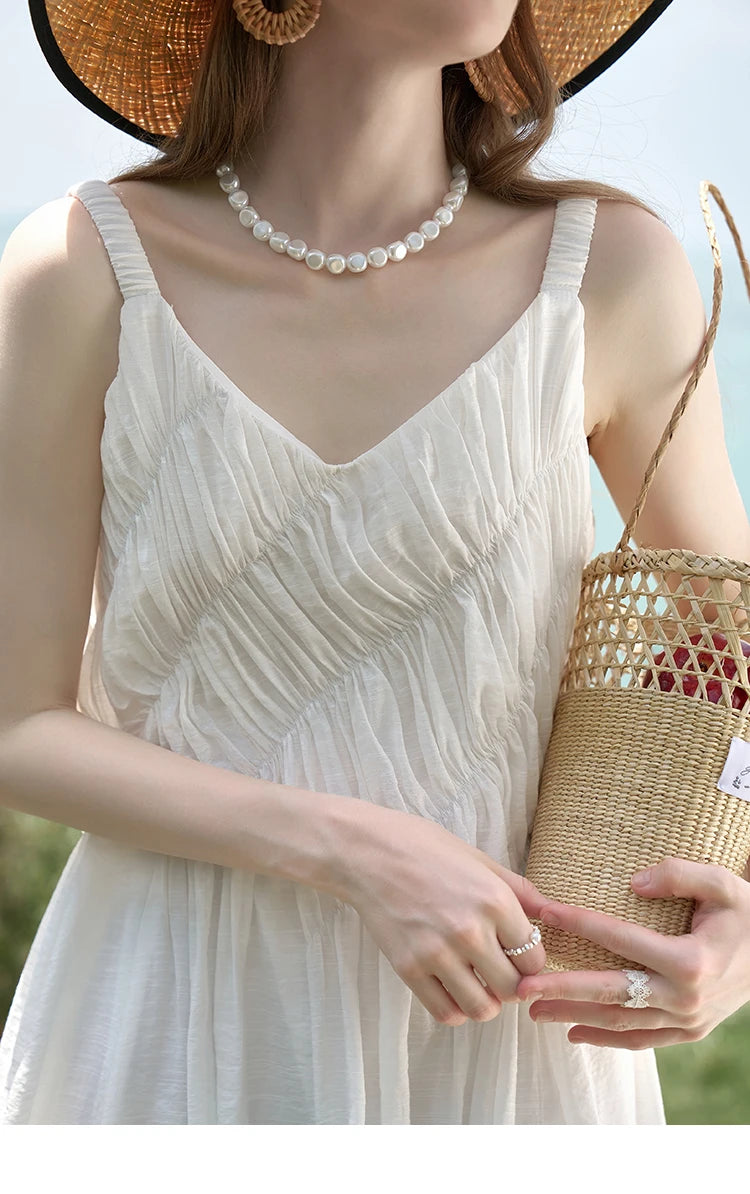 MISHOW French Retro Pleated Upper Suspender Dress for Women 2024 Summer Vacation Sleeveless Solid Mid Length Dresses MXD26L1939