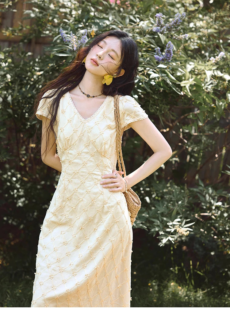 MISHOW Women's V-neck Lace Spliced Dress 2025 Summer New Embroidery Vacation French Style Jacquard Mid-Length Dresses MXE38L2378