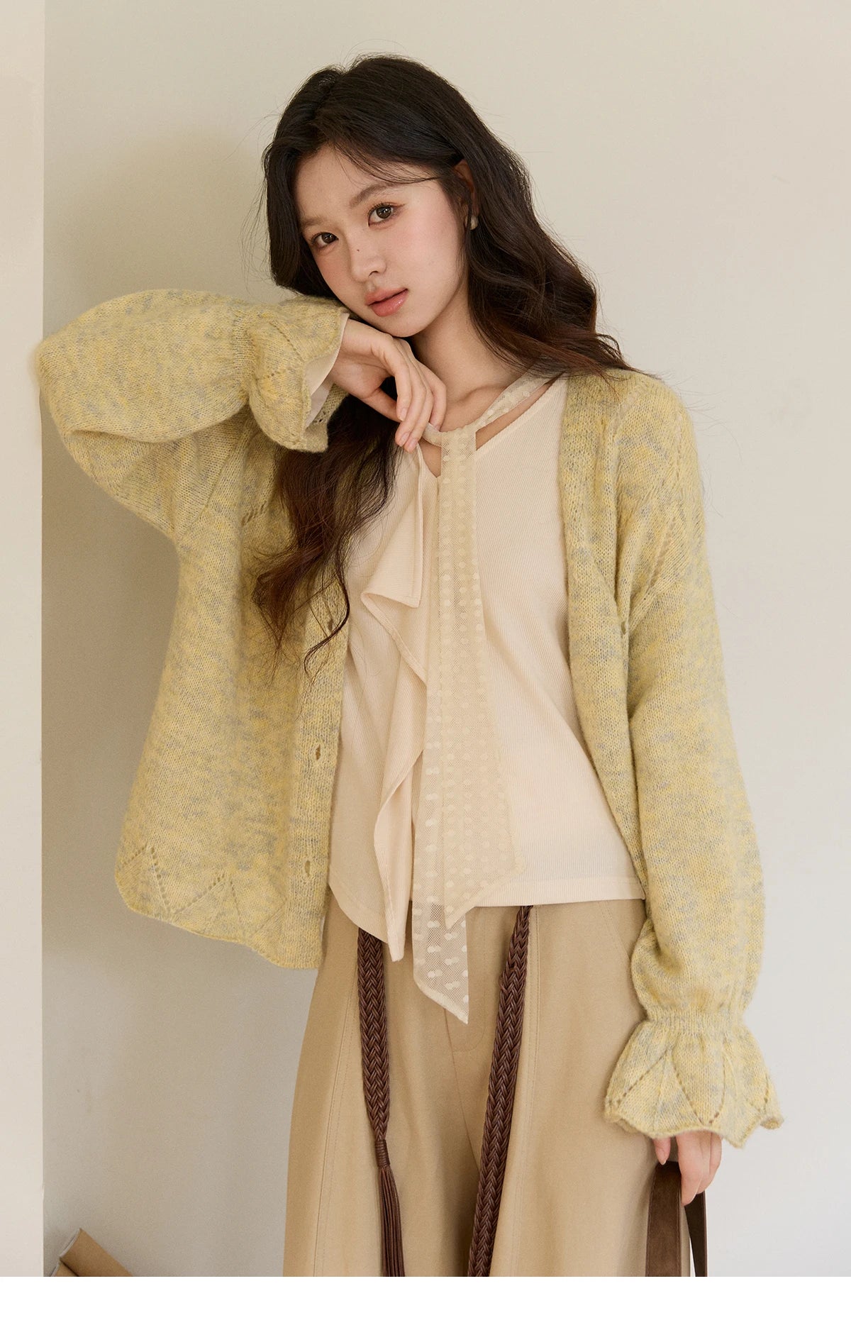 MISHOW Women's Marled Yellow Mohair Knit Cardigan 2026 Spring V-Neck Flare Sleeve Cardigans Casual Loose Sweater MXF108Z1021
