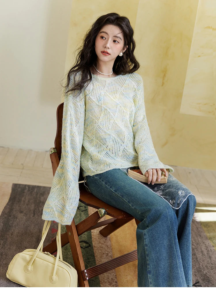 MISHOW Women's Hollow Knitted Sweater 2025 Spring Loose Thin Dropped Shoulder Top Wool O Neck Hem Wavy Edge Sweaters MXE14Z1208