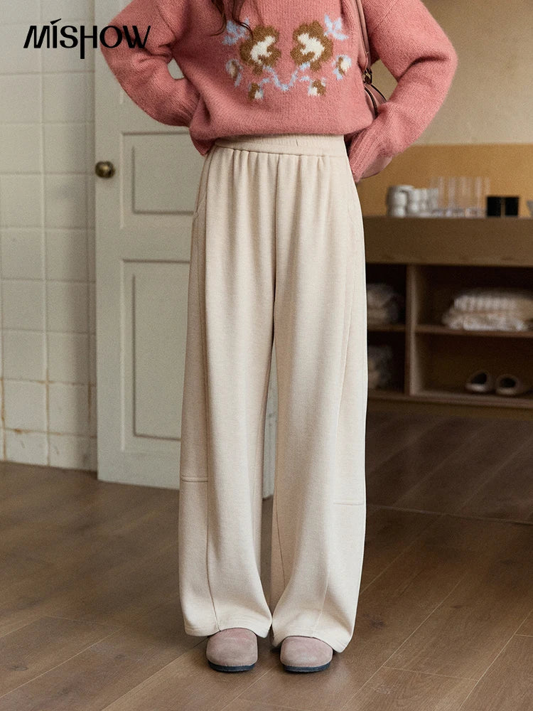 MISHOW Women's Fleece Lined Straight Knit Pants 2025 Autumn Winter Elastic Waist Casual Commute Trousers with Pockets MXE92K1131